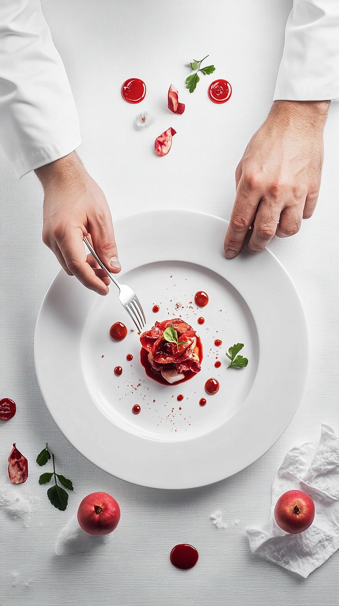 Chef arranging plated gourmet dish in elegant studio